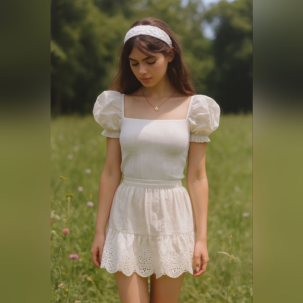 White Puff Sleeve Square Neck Top L Ribbed Knit Cottagecore Feminine Fairycore